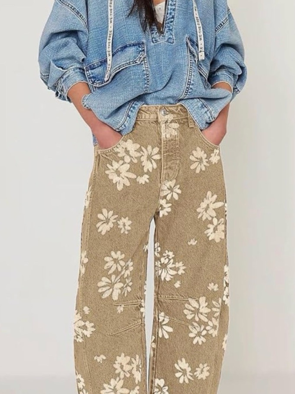 Women Barrel Jeans Baggy Wide Leg Jeans Floral Printed Boyfriend Denim Pants - Picture 5 of 6